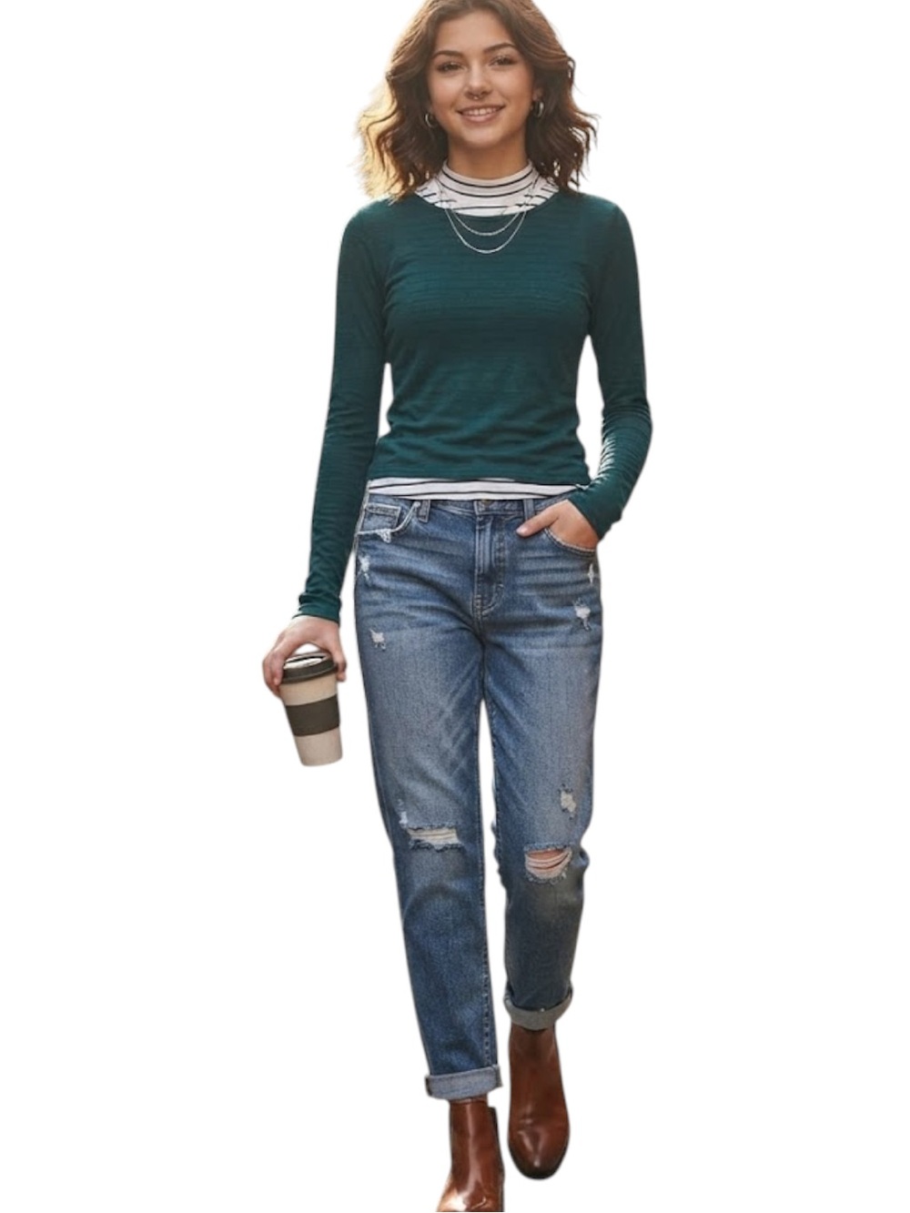 SILVER JEANS Girls Striped 2-in-1 Long Sleeve Tee Twist Back Green Size 14